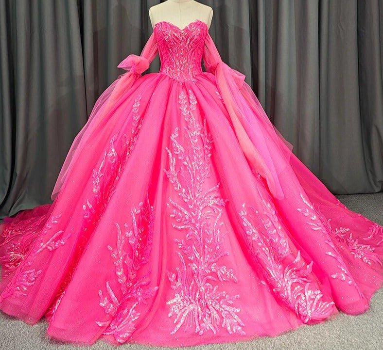 Lace Hot Pink Sequins Ball Gown Quinceañera Dress - KissProm