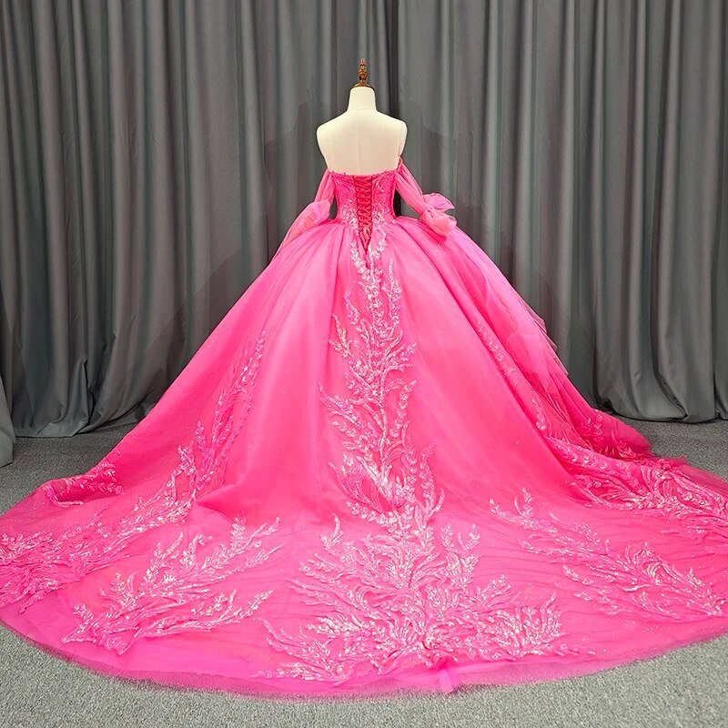 Lace Hot Pink Sequins Ball Gown Quinceañera Dress - KissProm