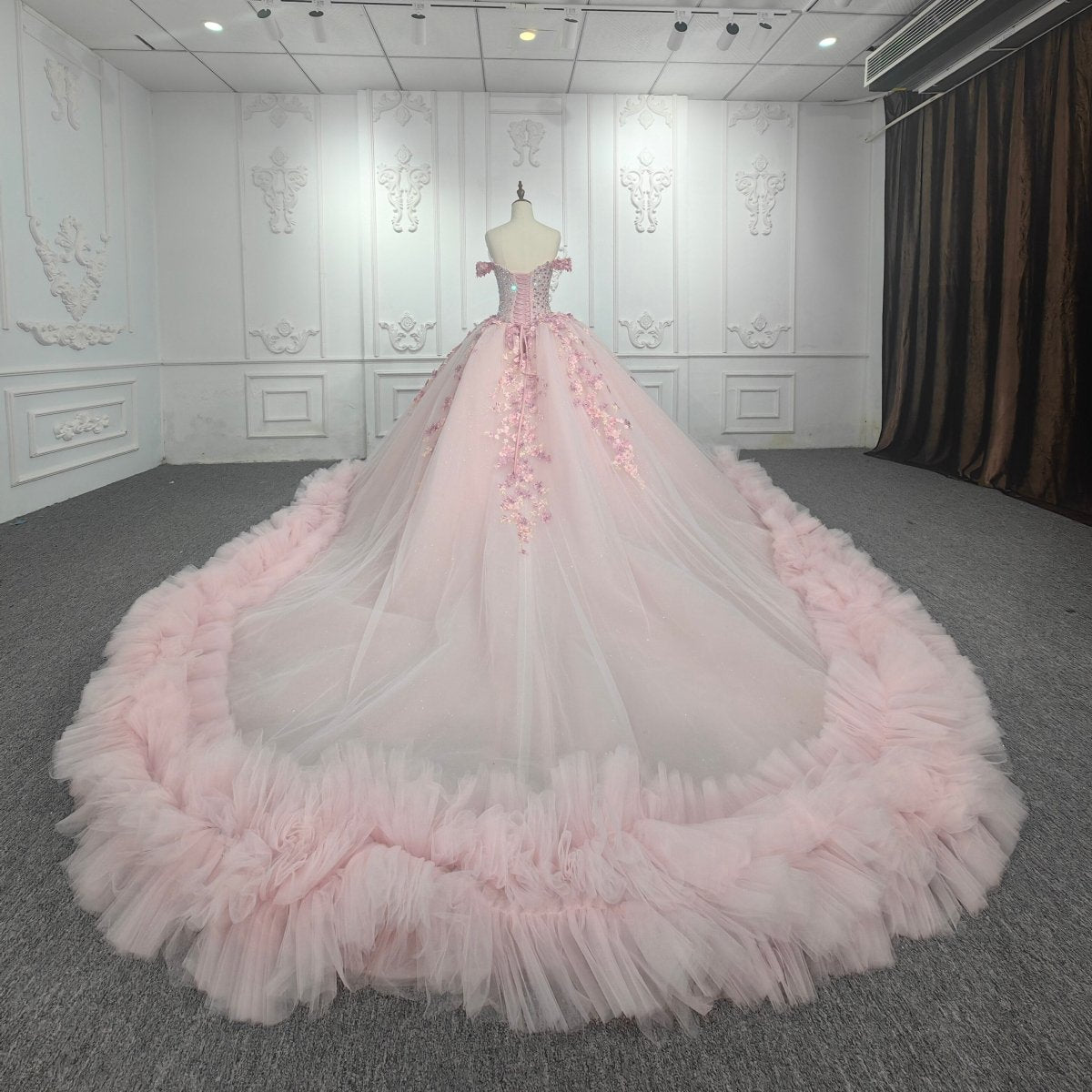 Quinceanera Ball Gown Off-the-Shoulder Sequined Pink Dress