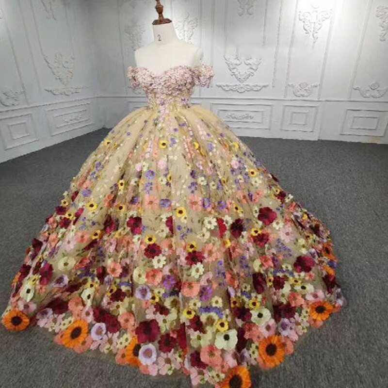 Quinceanera Flower Off-the-Shoulder Ball Gown Dress
