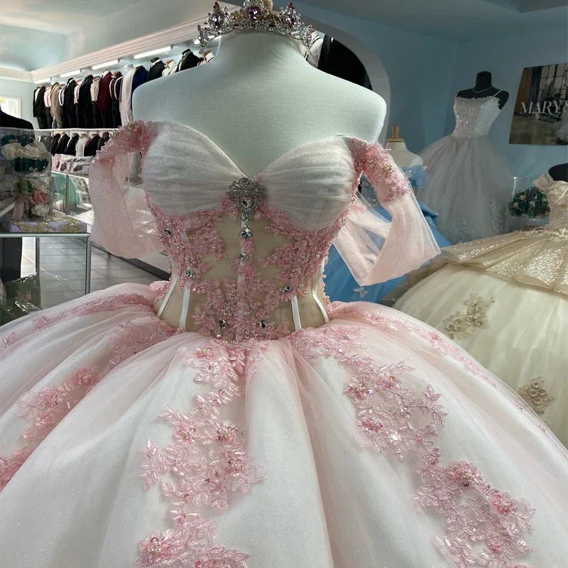 Ball - Gown Tulle Light Pink Off - the - Shoulder Quinceanera Dress with Appliques - KissProm