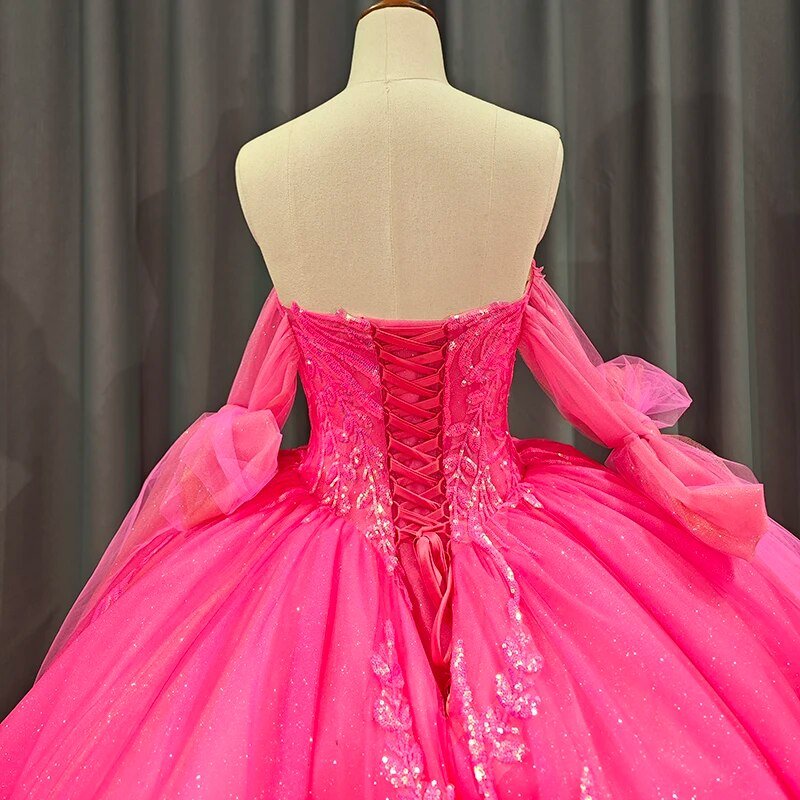 Lace Hot Pink Sequins Ball Gown Quinceañera Dress - KissProm