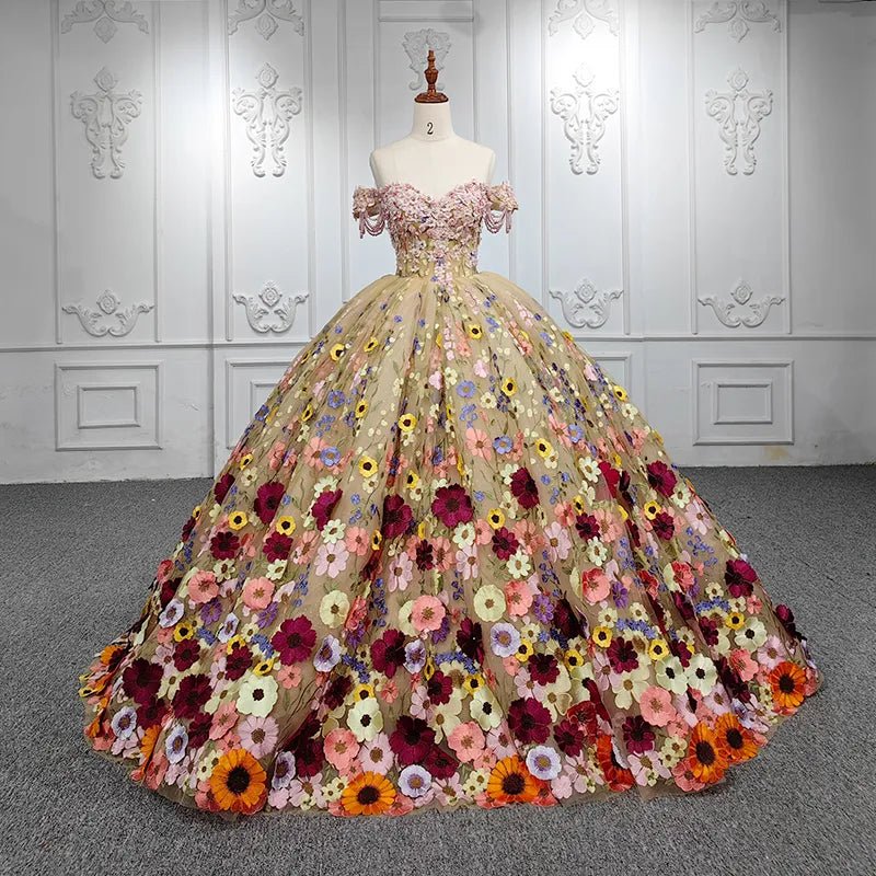 Quinceanera Flower Off-the-Shoulder Ball Gown Dress