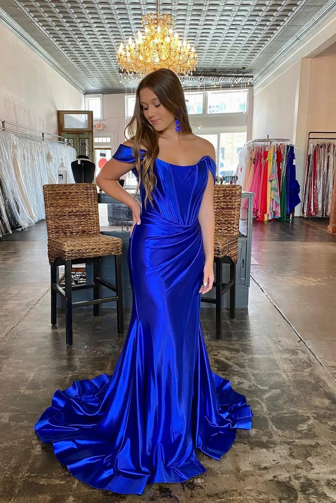 Off the Shoulder Royal Blue Prom Dress with Train