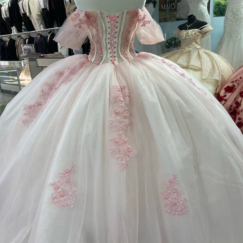 Ball - Gown Tulle Light Pink Off - the - Shoulder Quinceanera Dress with Appliques - KissProm