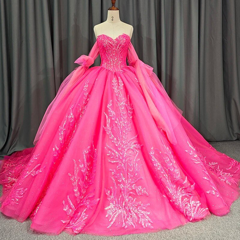 Lace Hot Pink Sequins Ball Gown Quinceañera Dress - KissProm