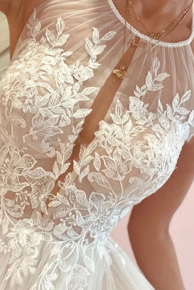 A - line Lace Tulle Wedding Dress Boho Style Online - KissProm