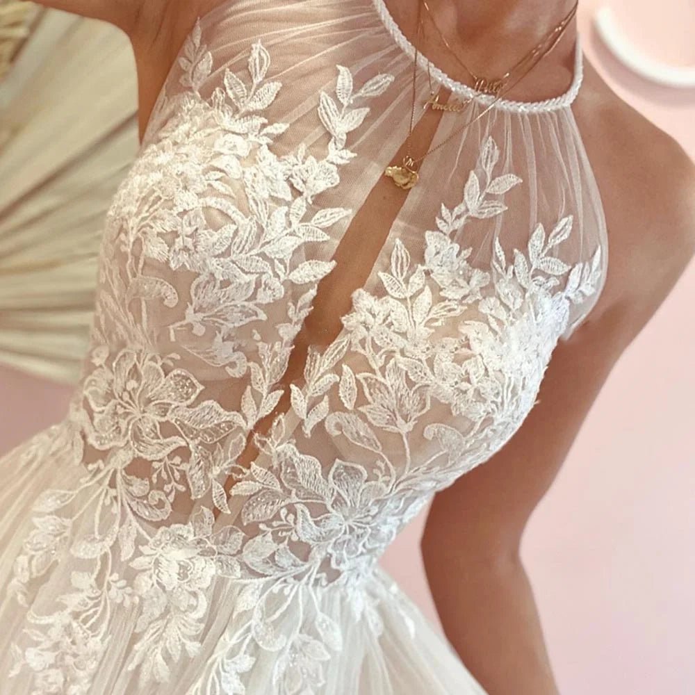 A - line Lace Tulle Wedding Dress Boho Style Online - KissProm