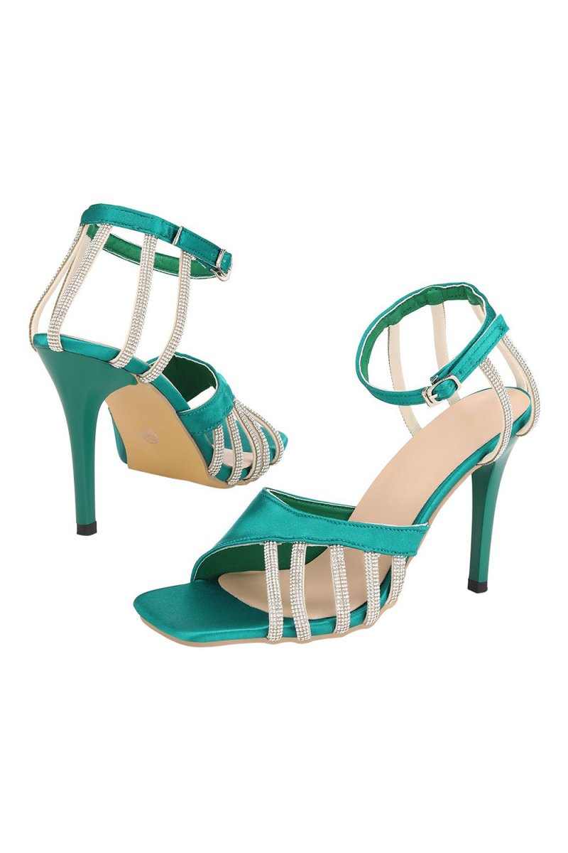 Green Buckle Fish Mouth High Heel Shoes - KissProm