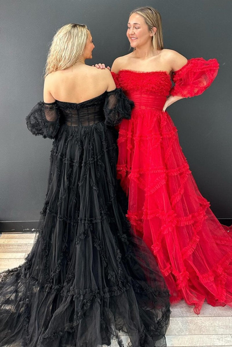 Lainey |A-Line Strapless Ruffles Long Formal Dress with Puff Sleeves