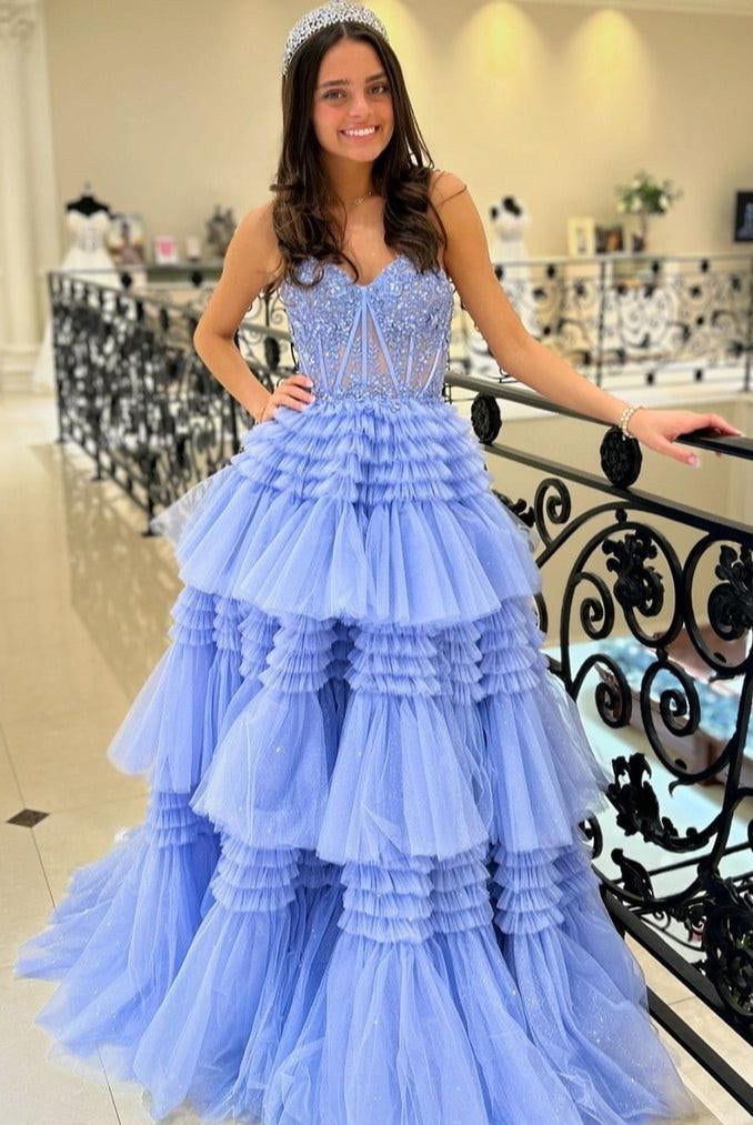 Adelyn |A-Line Sweetheart Tiered Long Tulle Prom Dress