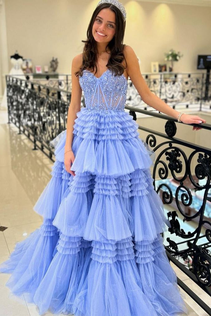 Adelyn |A-Line Sweetheart Tiered Long Tulle Prom Dress