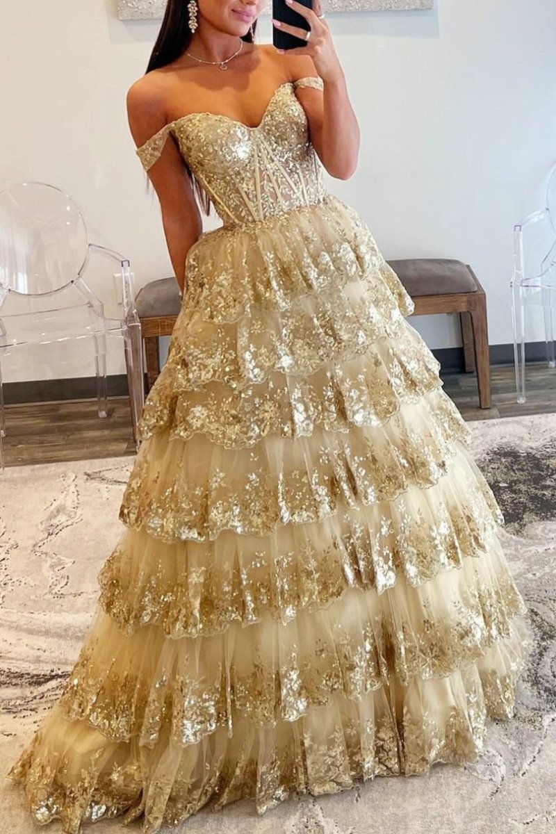 Leona Princess A-Line Sequined Lace Prom Dress Gold & Fuchsia Elegance, Gold / 10 Leona Princess A-Line Sequined Lace Prom Dress Gold & Fuchsia Elegance, Gold / 10