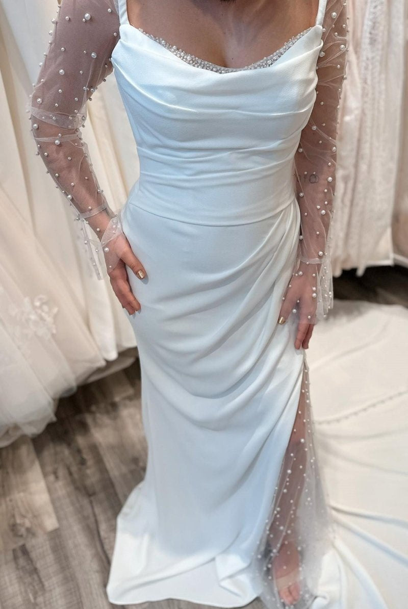 White Pearls Long Sleeve Mermaid Long Wedding Dress