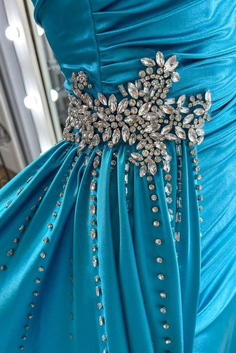 Earl | Teal Beaded Spaghetti Strap Long Gown with Attached Train - KissProm