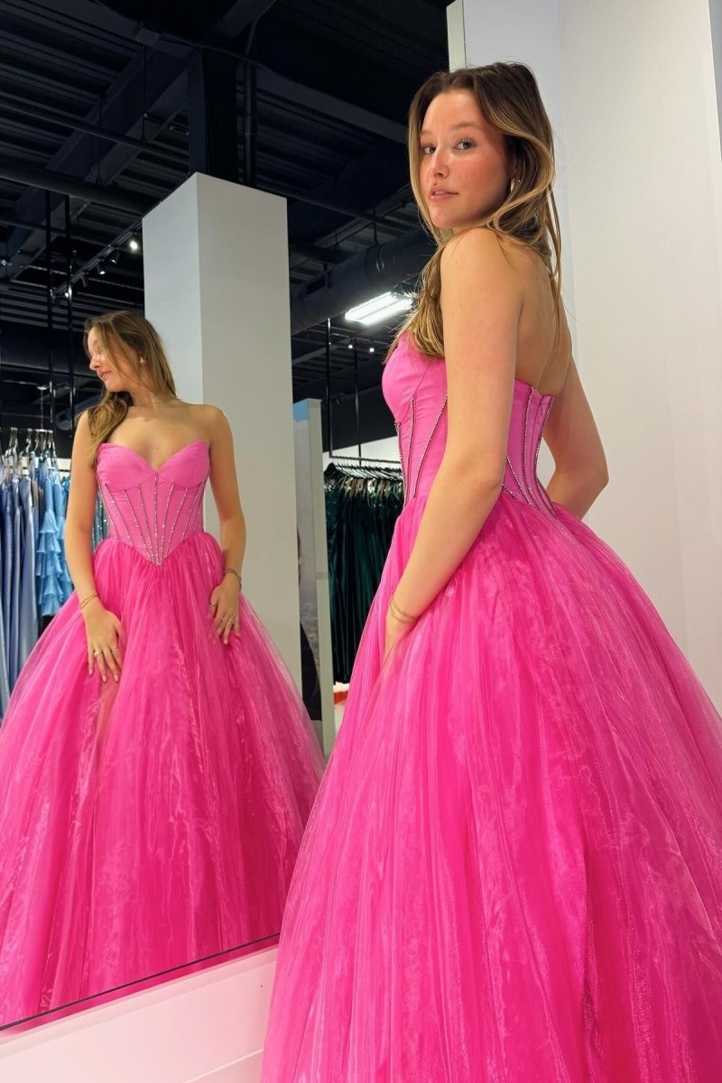 Strapless Beaded Ball Gown with Slit in Hot Pink - KissProm