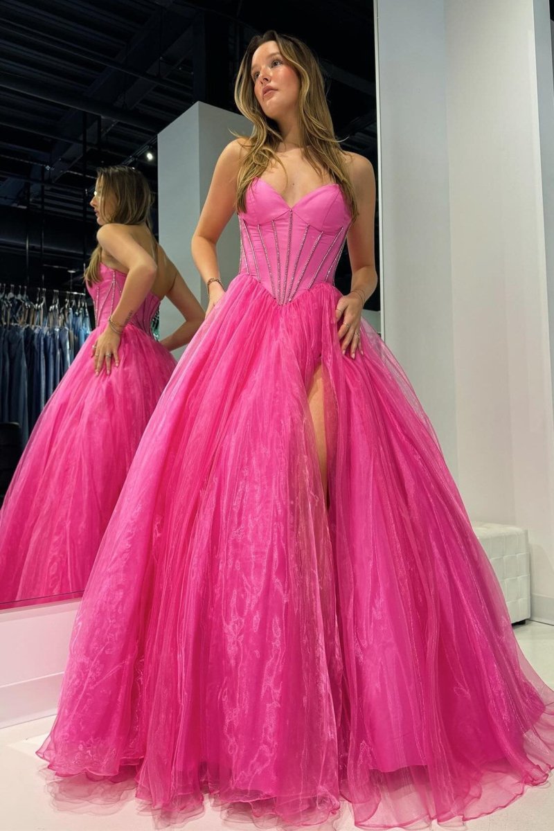 Strapless Beaded Ball Gown with Slit in Hot Pink - KissProm