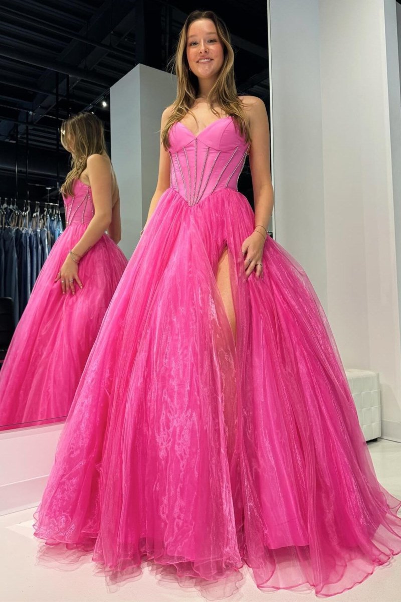 Strapless Beaded Ball Gown with Slit in Hot Pink - KissProm