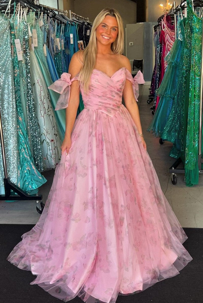 Pink Print Off - the - Shoulder A - Line Long Prom Dress - KissProm
