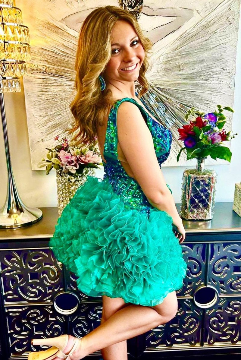 Cairo | Emerald Sequin Plunge V - Neck Homecoming Dress - KissProm