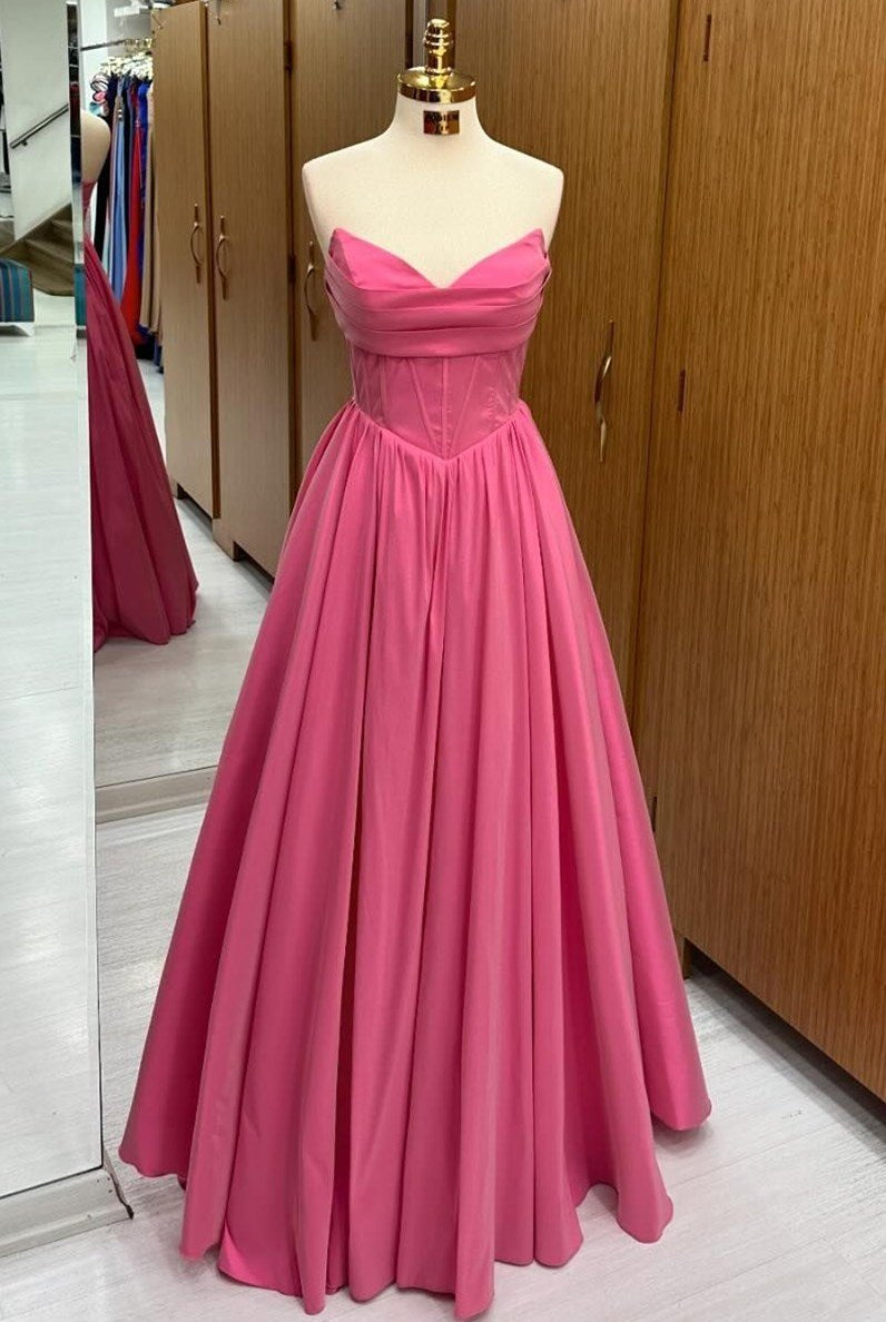 Hot Pink Strapless Lace - Up A - Line Long Formal Dress - KissProm