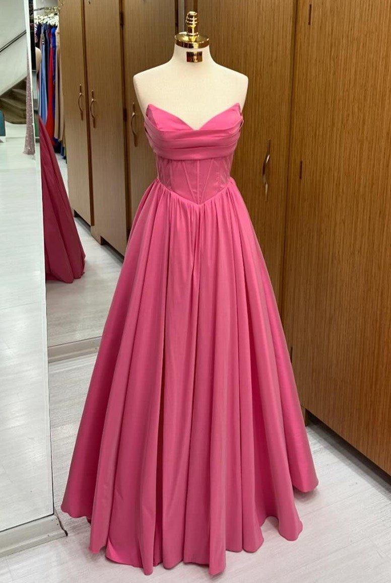 Hot Pink Strapless Lace - Up A - Line Long Formal Dress - KissProm