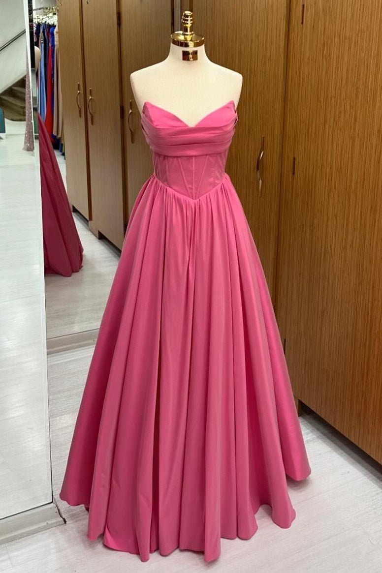 Hot Pink Strapless Lace - Up A - Line Long Formal Dress - KissProm