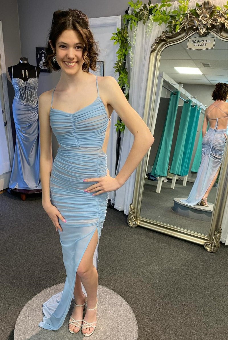 Montana | Lace - Up Back Mermaid Ruched Maxi Dress with Slit in Light Blue - KissProm