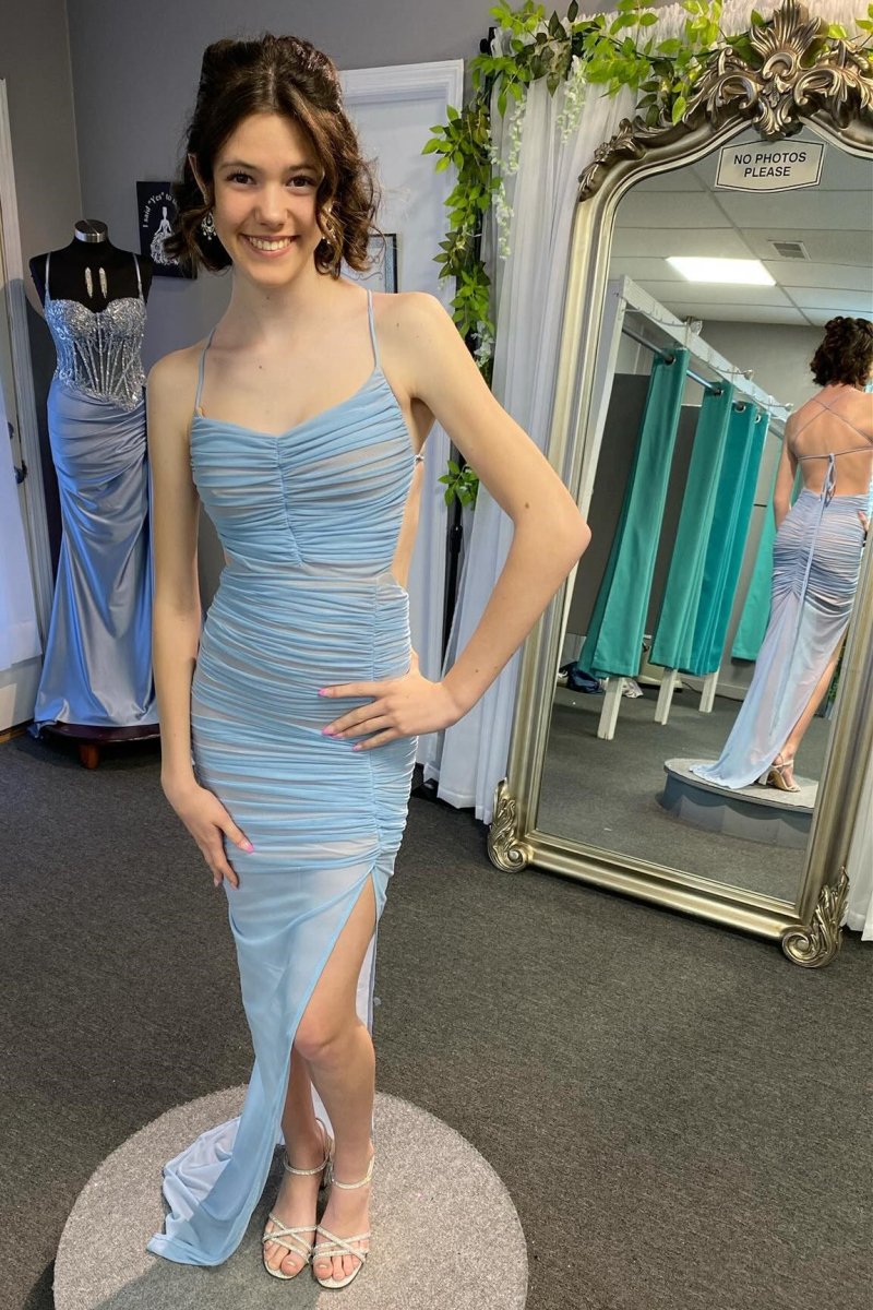 Lace-Up Back Mermaid Ruched Maxi Dress with Slit in Light Blue Lace-Up Back Mermaid Ruched Maxi Dress with Slit in Light Blue