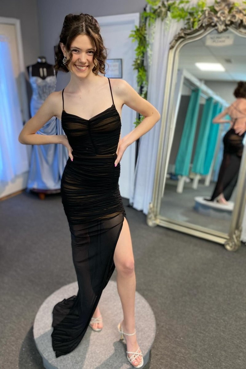 Montana | Lace - Up Back Mermaid Ruched Maxi Dress with Slit in Light Blue - KissProm