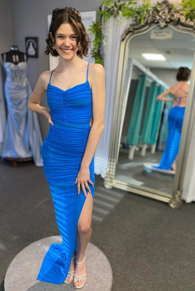 Montana | Lace - Up Back Mermaid Ruched Maxi Dress with Slit in Light Blue - KissProm