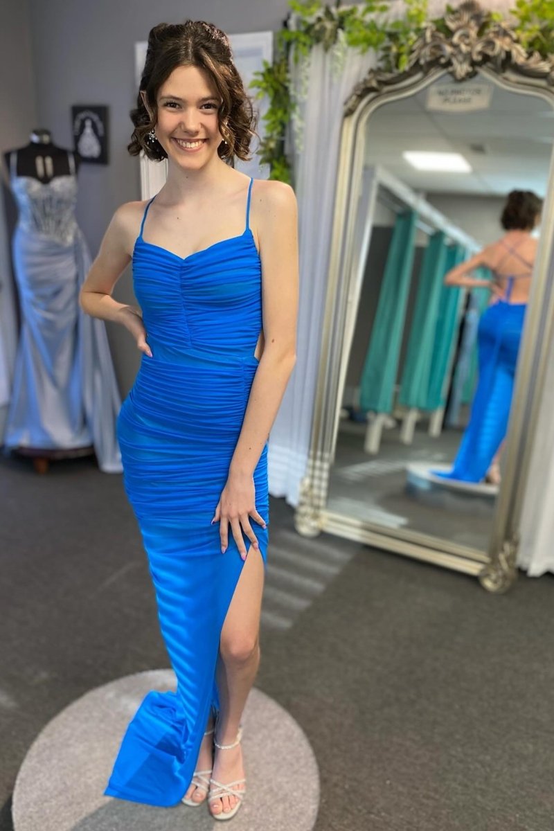 Montana | Lace - Up Back Mermaid Ruched Maxi Dress with Slit in Light Blue - KissProm