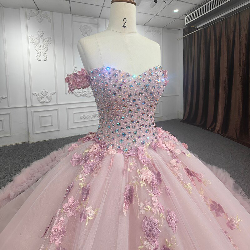 Quinceanera Ball Gown Off-the-Shoulder Sequined Pink Dress
