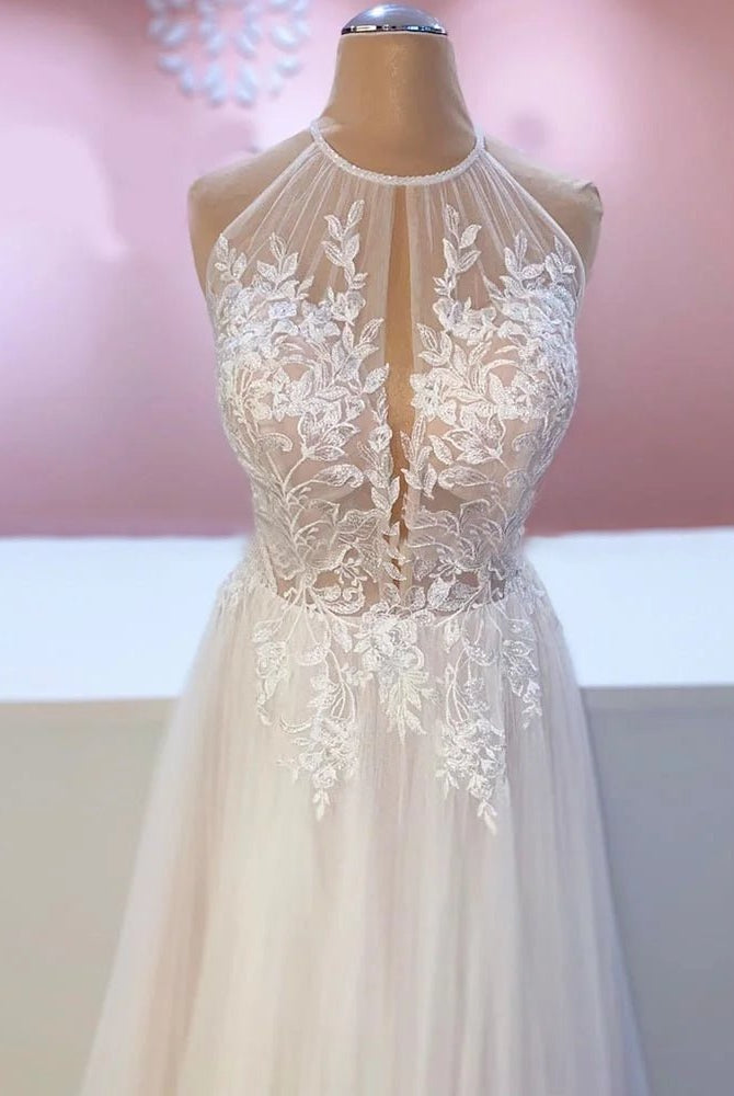 A - line Lace Tulle Wedding Dress Boho Style Online - KissProm