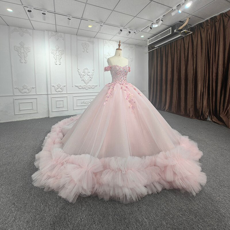 Quinceanera Ball Gown Off-the-Shoulder Sequined Pink Dress