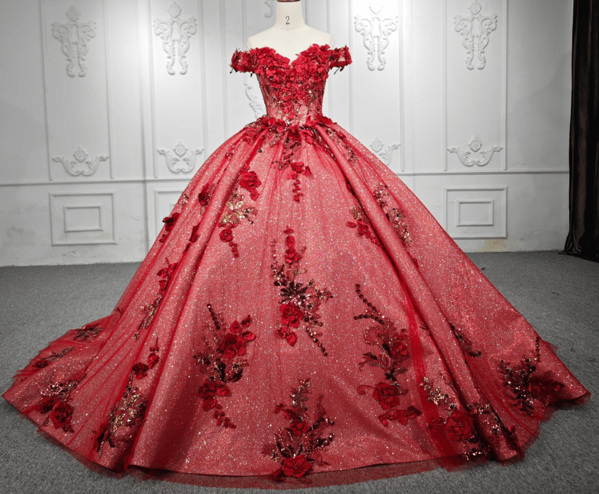 Red Flower Off-the-Shoulder Quinceañera Dress