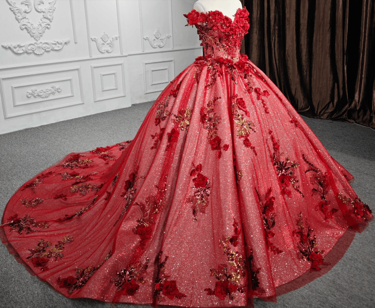 Red Flower Off-the-Shoulder Quinceañera Dress