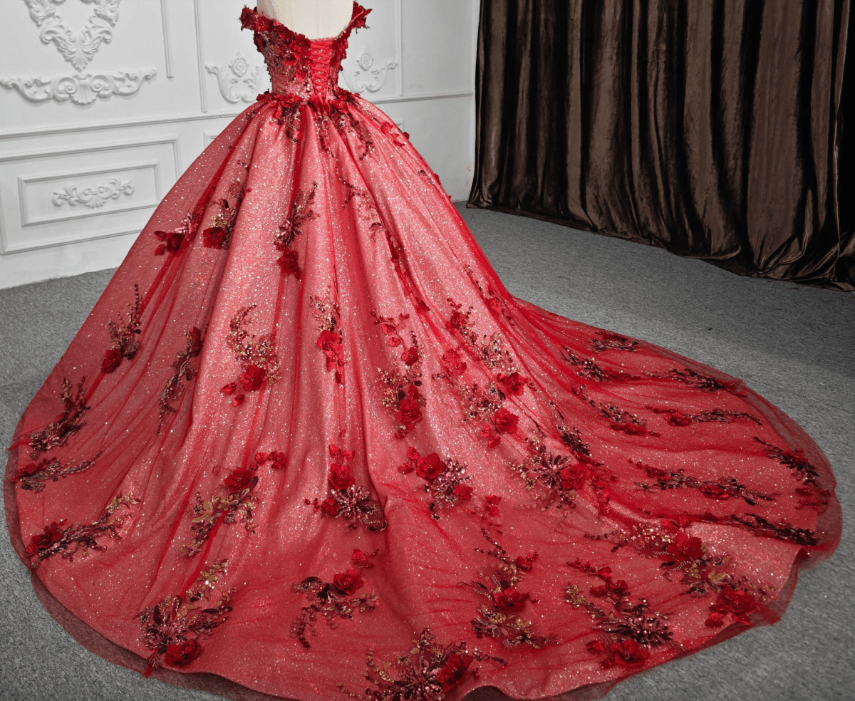 Red Flower Off-the-Shoulder Quinceañera Dress