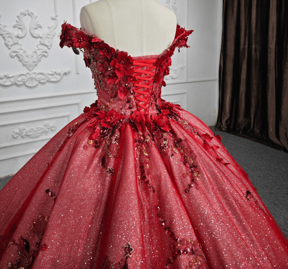 Red Flower Off-the-Shoulder Quinceañera Dress