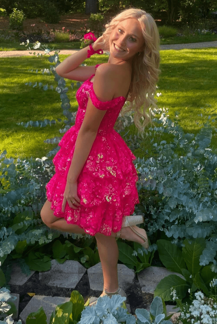 Everly | Fuchsia Gold - A-Line Sweetheart Tiered Short Homecoming Dress