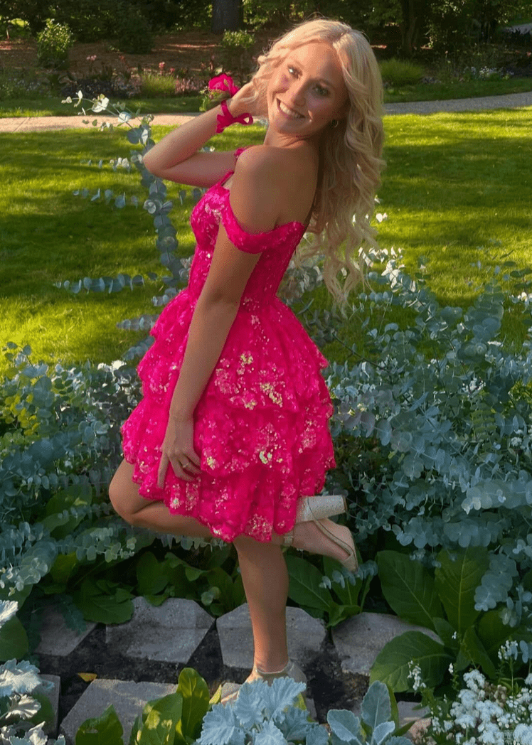 Everly | Fuchsia Gold - A-Line Sweetheart Tiered Short Homecoming Dress