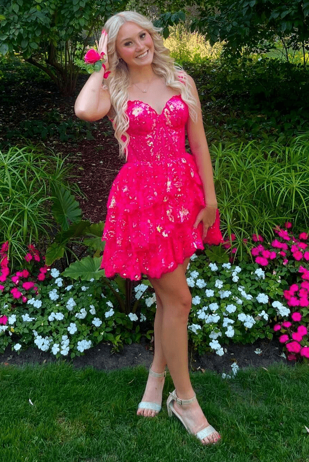 Everly | Fuchsia Gold - A-Line Sweetheart Tiered Short Homecoming Dress