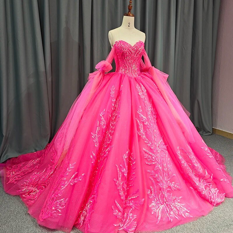 Lace Hot Pink Sequins Ball Gown Quinceañera Dress - KissProm