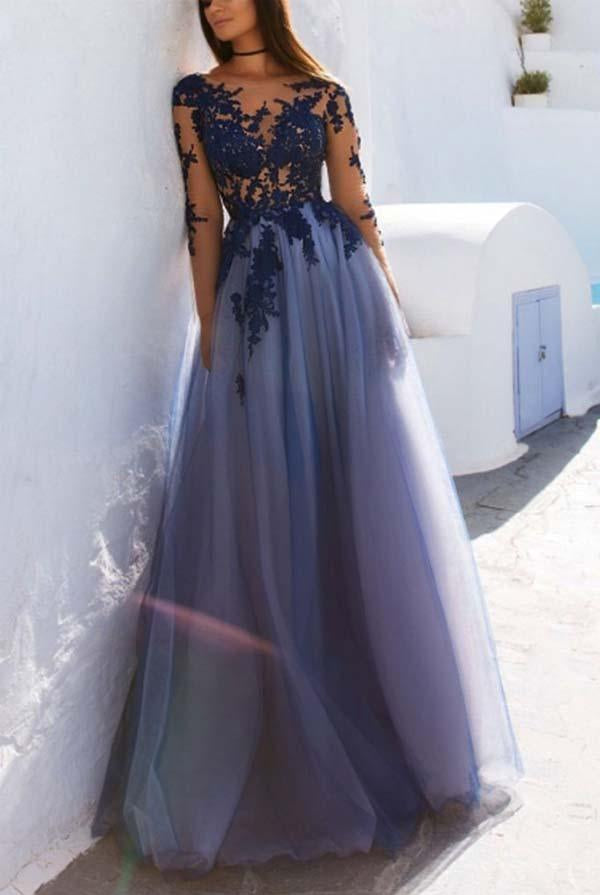 Gabrielle | Sexy Long Sleeves Blue Lace Open Back Prom Dresses Evening Dresses - KissProm