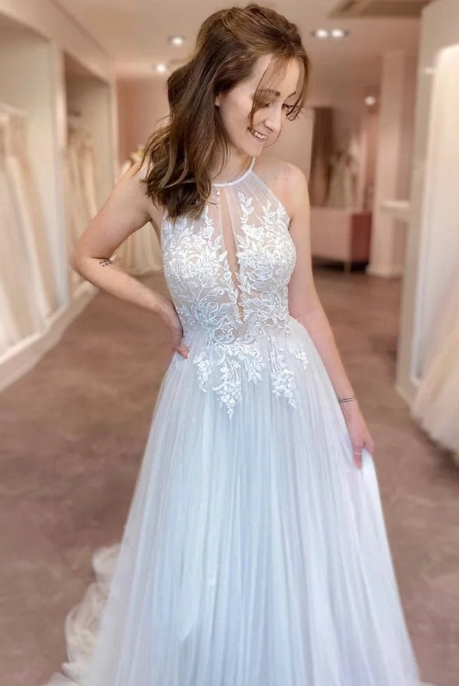 A - line Lace Tulle Wedding Dress Boho Style Online - KissProm