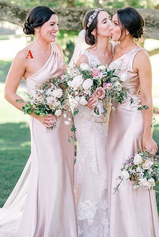 Sheath One Shoulder Silk Satin Sleeveless Long Bridesmaid Dress - KissProm