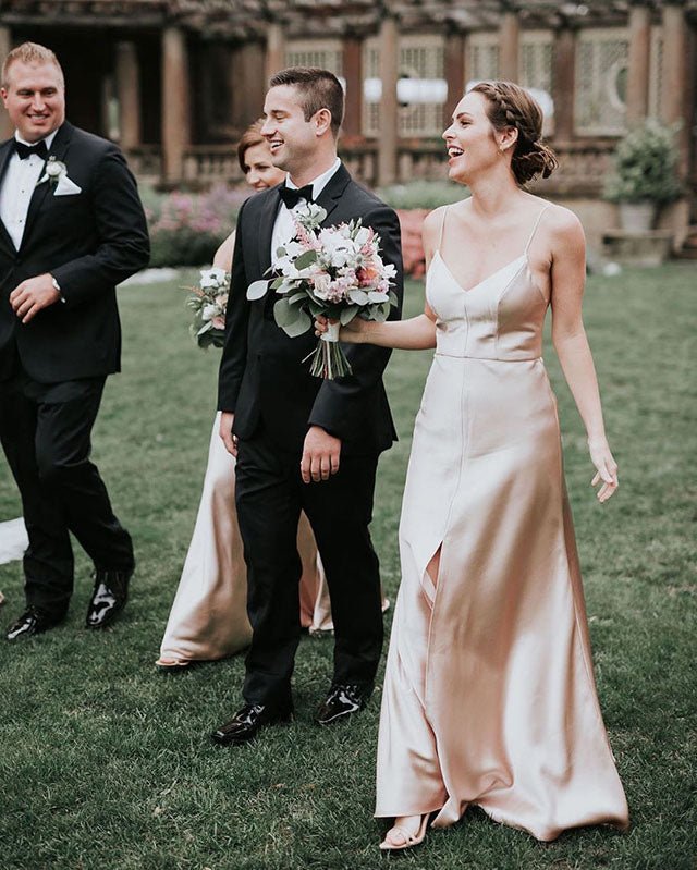 Sheath Spaghetti Straps Silk Satin Sleeveless Slit Long Bridesmaid Dress - KissProm