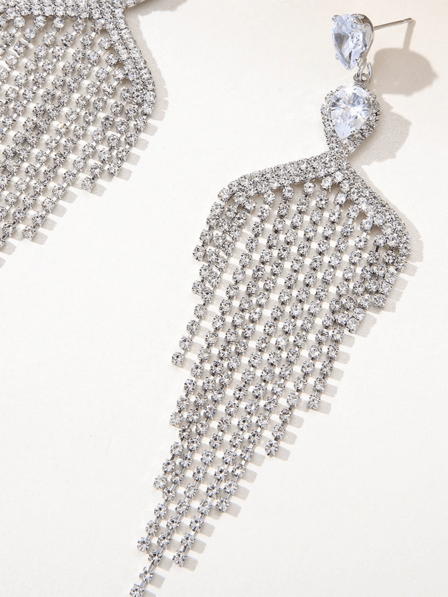 Silver Dangle Simple Rhinestones Tassel Long Earrings - KissProm