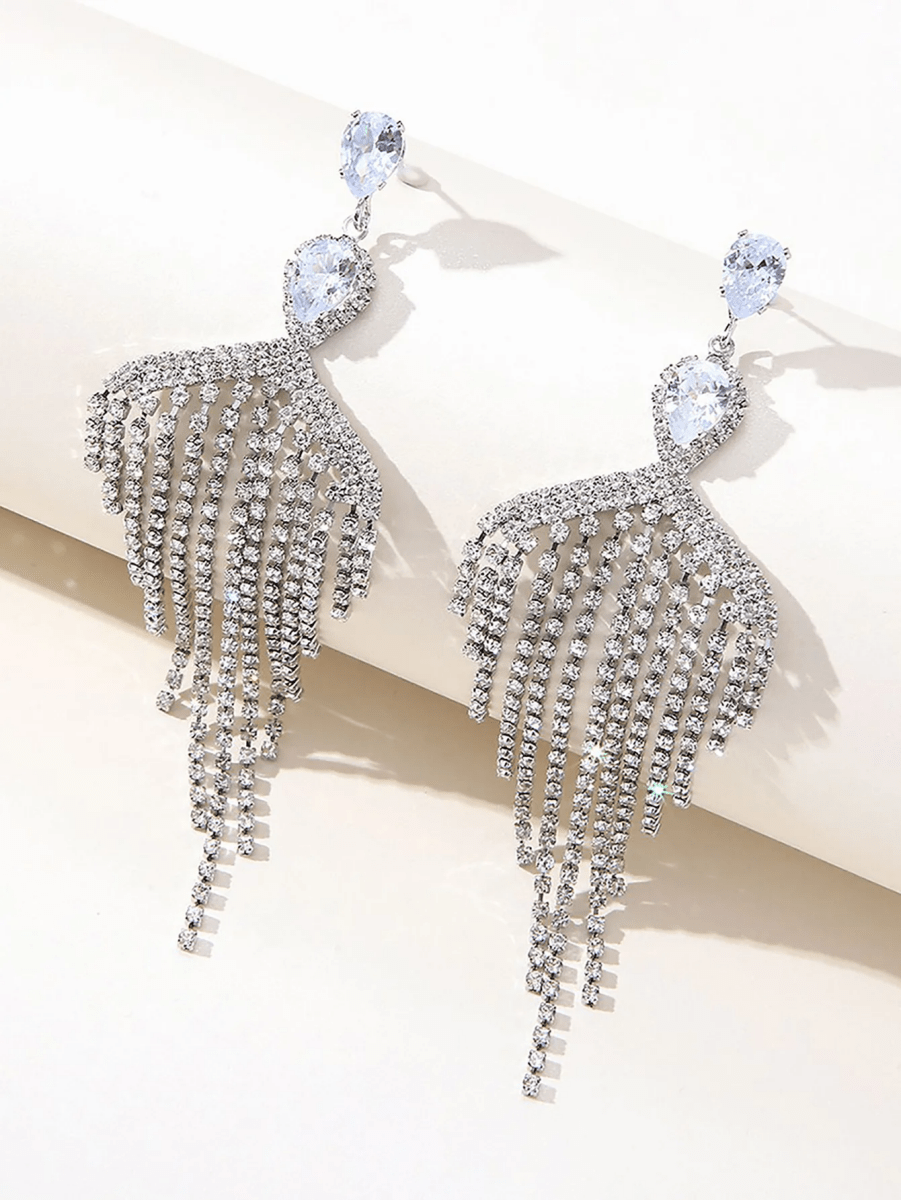 Silver Dangle Simple Rhinestones Tassel Long Earrings - KissProm