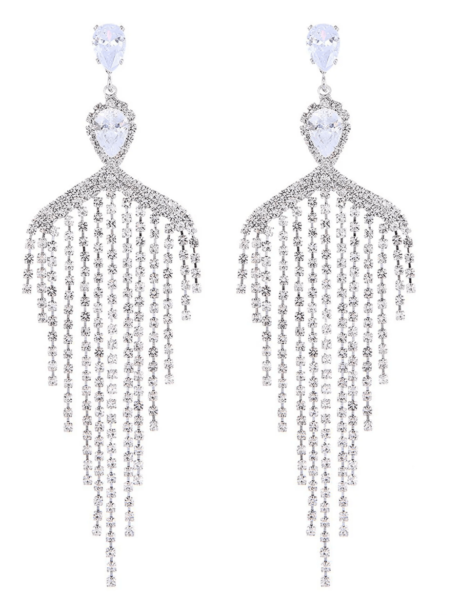 Silver Dangle Simple Rhinestones Tassel Long Earrings - KissProm